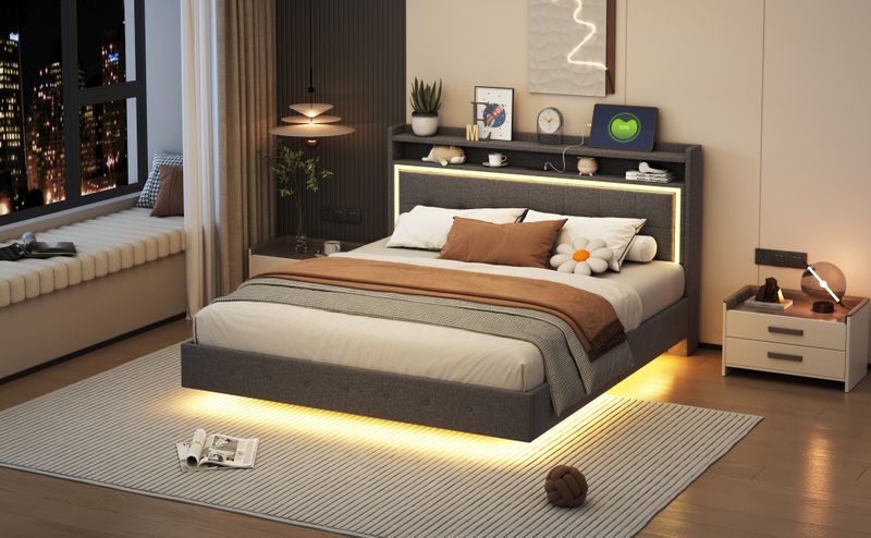Polsterbett 160x200cm Con USB, LED, Fußen Versteckten, Leinenstoff Grau_voghion.com