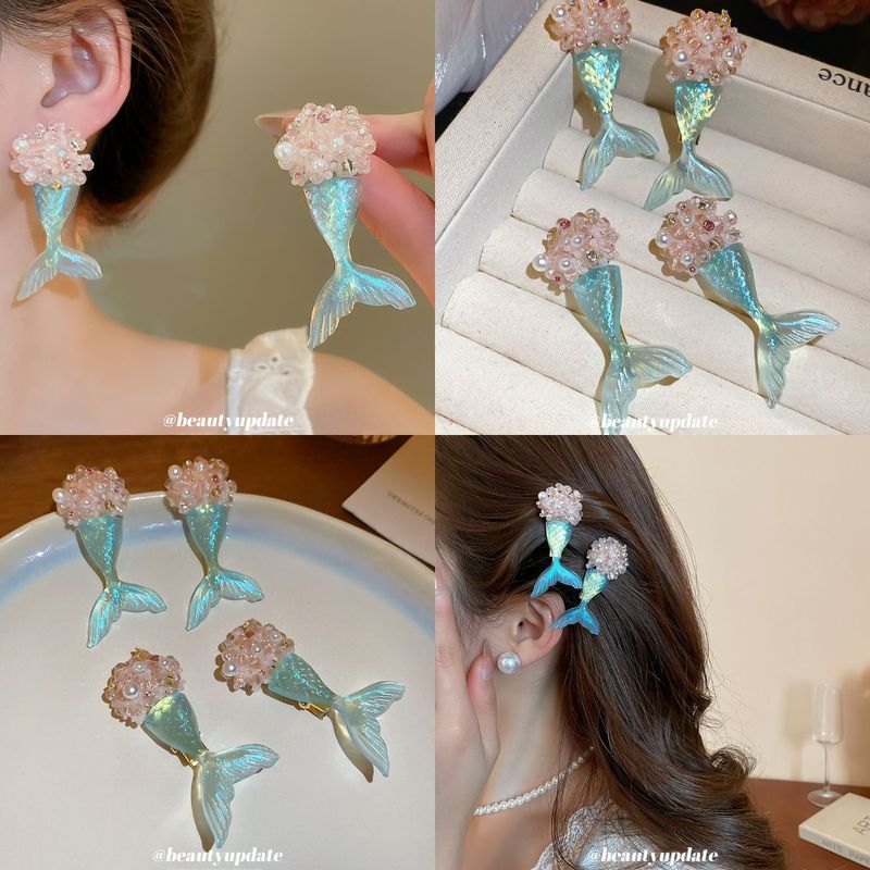Silbernadel Harz Perle Blume Cluster Fischschwanz Ohrringe Clip Set Mode Exquisite Kleine Haarspangen Leichter Luxus_voghion.com