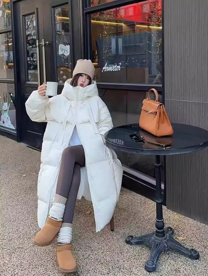 Langer, wattierter Damenmantel, warm, lockere Passform, Polyester-Baumwoll-Mischgewebe, mit Polokragen, Übergröße, erhältlich in Beige, Schwarz, Braun, Khaki_voghion.com