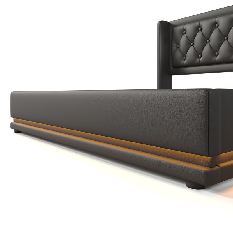 Lit double 160 x 200 cm, matelas en polyuréthane noir, lit coffre hydraulique avec chargement USB Type-C et éclairage LED sur 3 côtés, tête de lit rembourrée (matelas inclus)._voghion.com