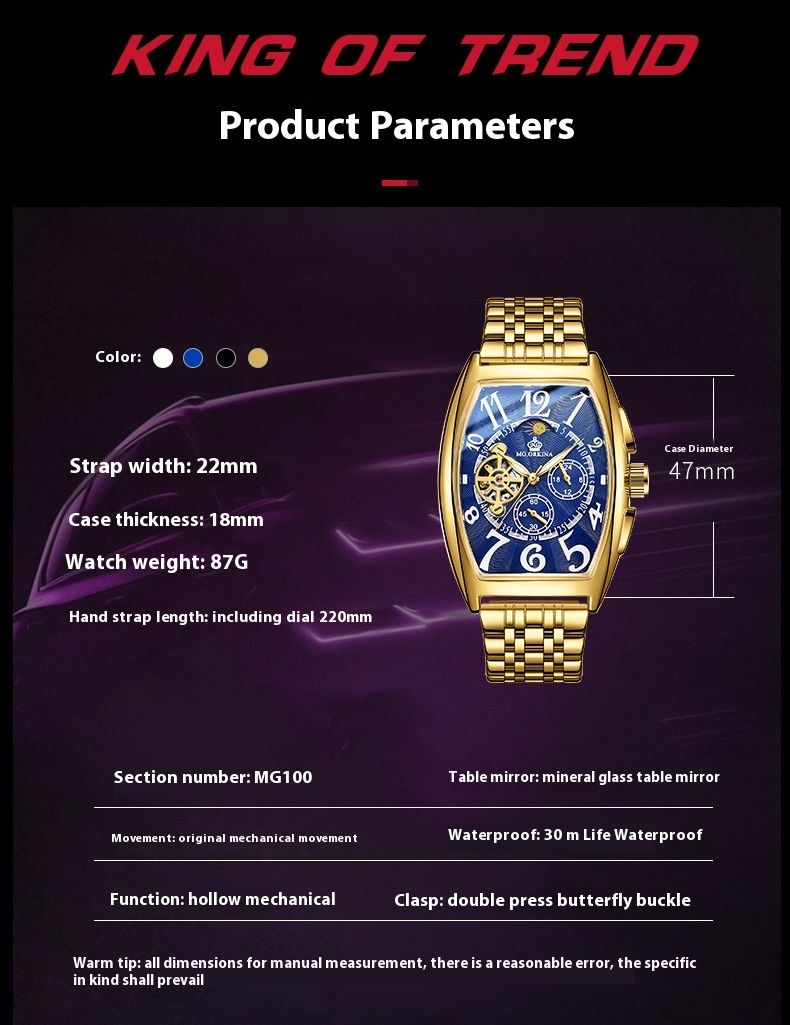 New light luxury tonneau exquisite type waterproof skeleton fashion personality hundred automatic mechanical watch men_voghion.com