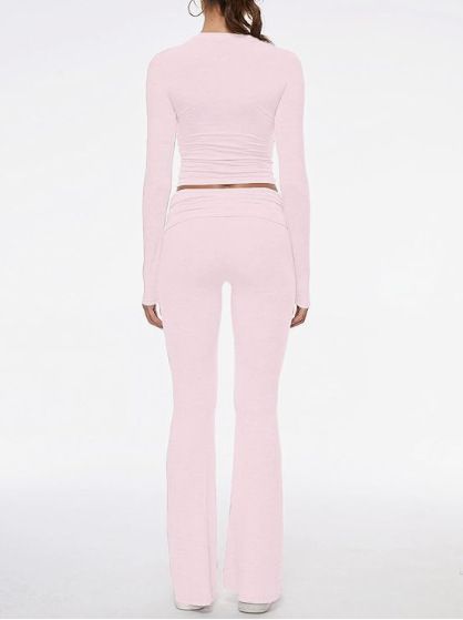 Damenbekleidung Neuer Rundhalsausschnitt, kurzer Stil, enger Hosenanzug mit niedriger Taille und Schlaghose_voghion.com