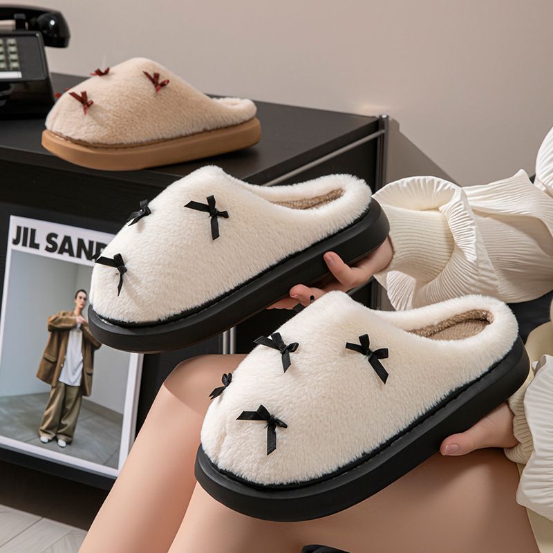 Flauschige Damen-Hausschuhe im Bowknot-Stil für den Innen- und Außenbereich im Herbst und Winter, dicke Sohle, mit Fleece gefüttert, warme Baumwollhausschuhe für Schwangere_voghion.com