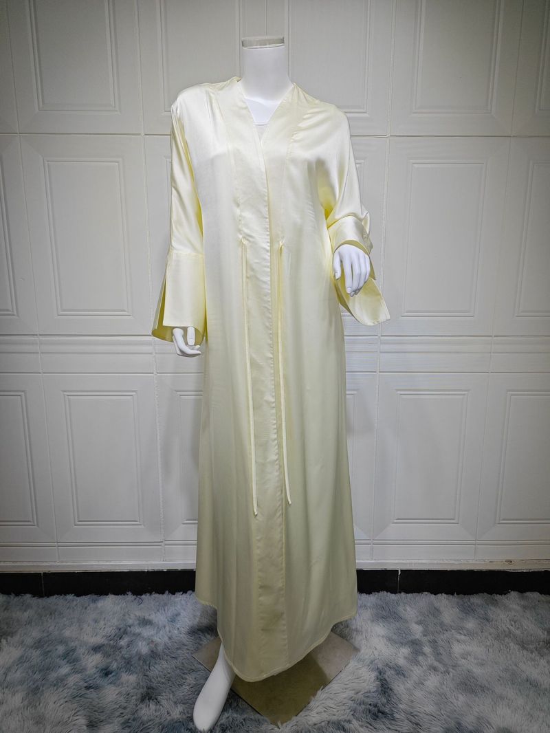 Femei musulmane halat de baie rochie de seară satinată moale cu deschidere frontală halat Abaya culoare solidă_voghion.com