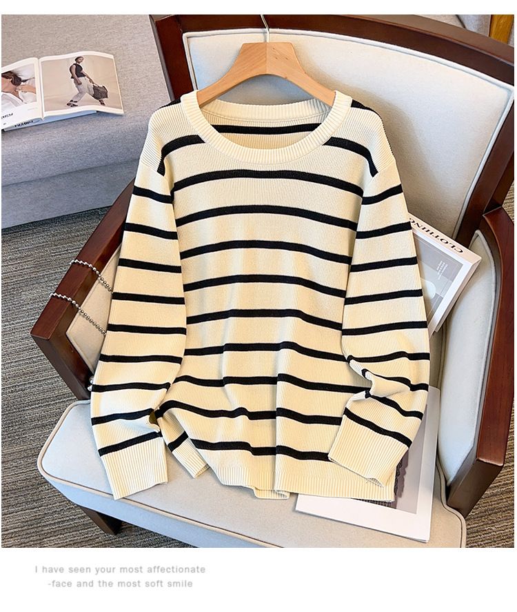 Übergrößen-Viskose-Stricktop für Damen, schlankmachendes Langarm-T-Shirt für kurvige Figuren (2XL-7XL, Schwarz/Beige)_voghion.com