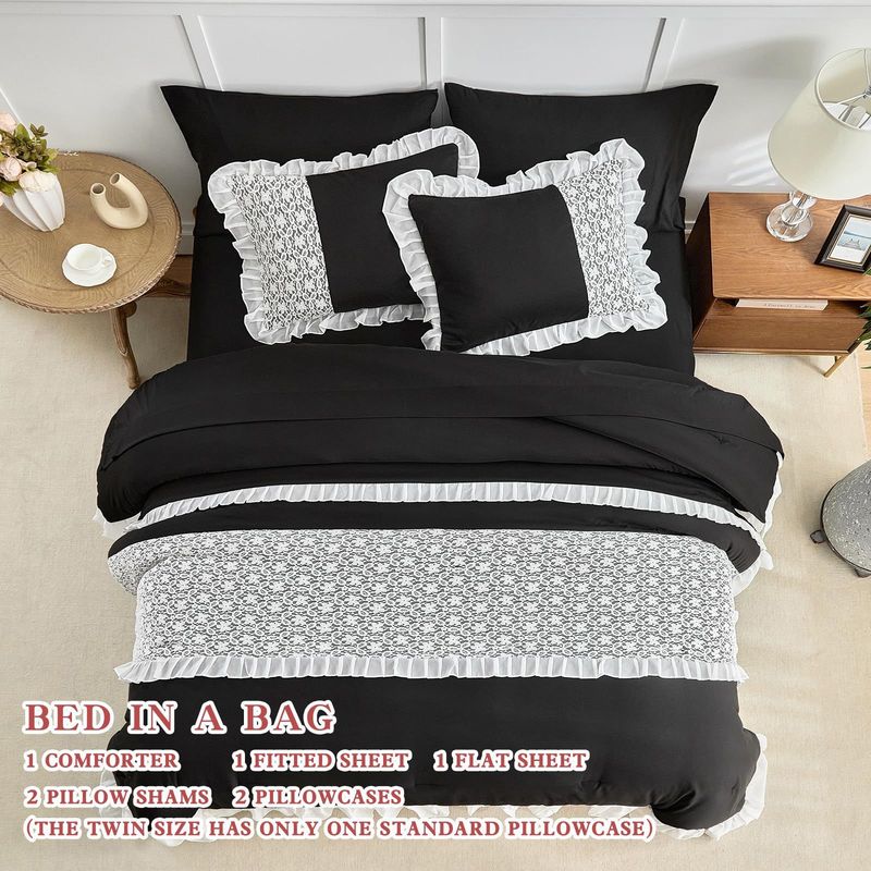 Breathable Queen Size Comforter Sets, All-Season Down-Alternative Quilt Set Black Ruffle Lace Craft Quilt Three Piece Set_voghion.com