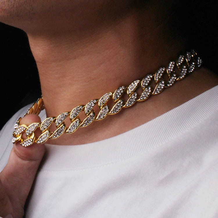 Collana cubana hip-hop da uomo con diamanti, maglione alla moda, catena in oro da 12 mm, resistente allo sbiadimento_voghion.com