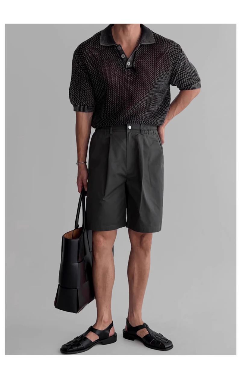 Maglione lavorato a maglia a maniche corte con risvolto, da uomo, in seta ghiacciata, a nido d'ape, con linea spessa, estivo_voghion.com