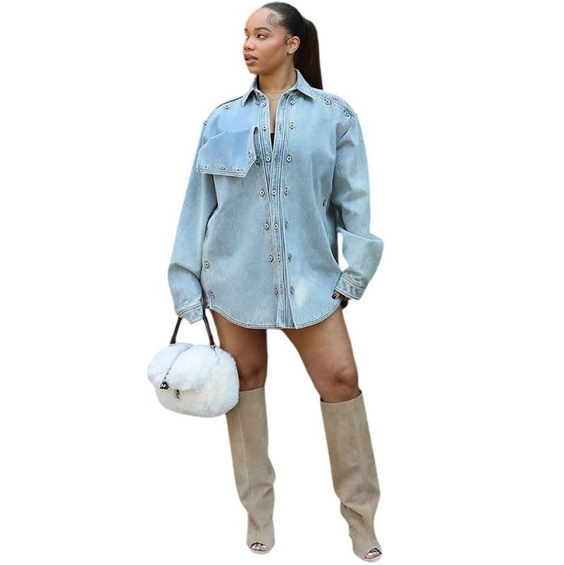 Oversize-Jeansjacke für Damen – Langärmliger Patchwork-Streetwear-Mantel mit Used-Details (S-3XL, Hellblau, Urban Unisex Fit, Polyestermischung)_voghion.com