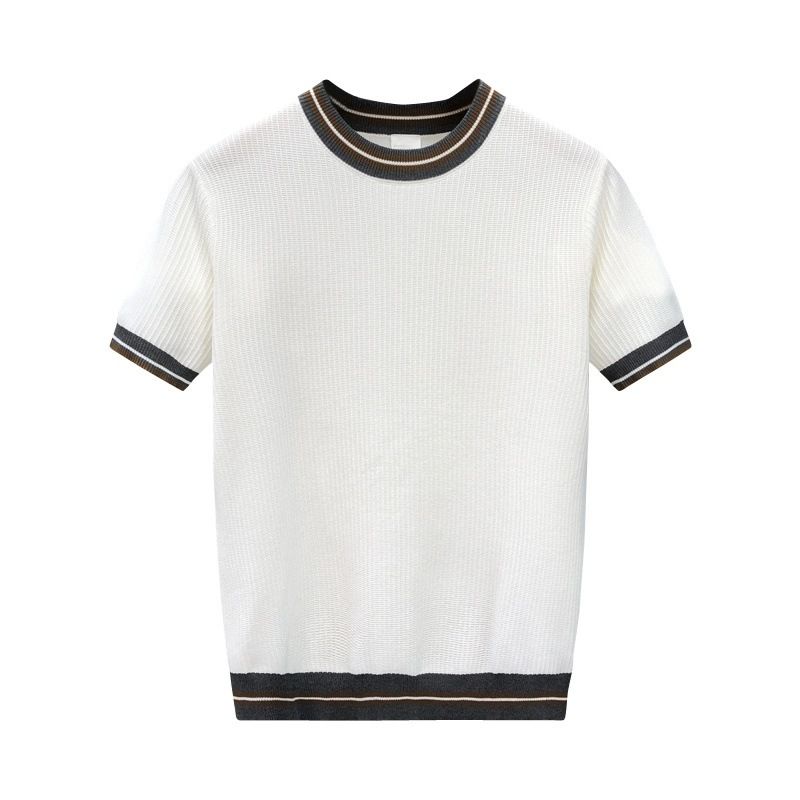 Herrenbekleidung Sommer Bequemes, kühles und atmungsaktives, stark gedrehtes Jacquard-Textur-Strick-T-Shirt in Kontrastfarbe_voghion.com