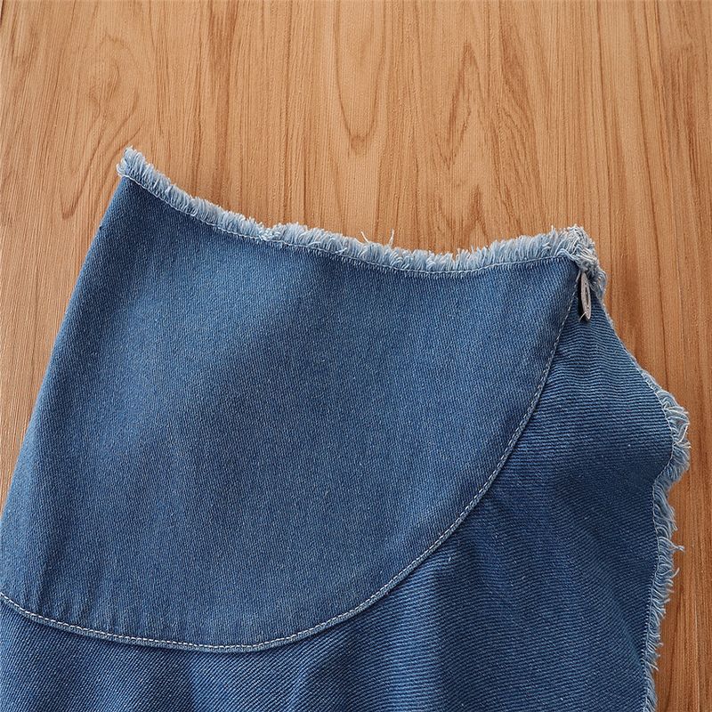 Grenzüberschreitende Kinderkleidung für Kinder im Frühlings- und Sommerstil, modischer Chiffon-One-Shoulder-Trompetenärmel-Top-Jeansrock-Mädchenanzug_voghion.com