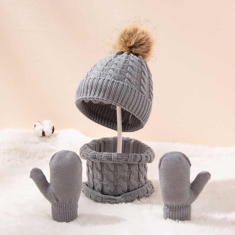 Baby clothing wool monochrome twist warm children's hat scarf gloves two or three sets_voghion.com