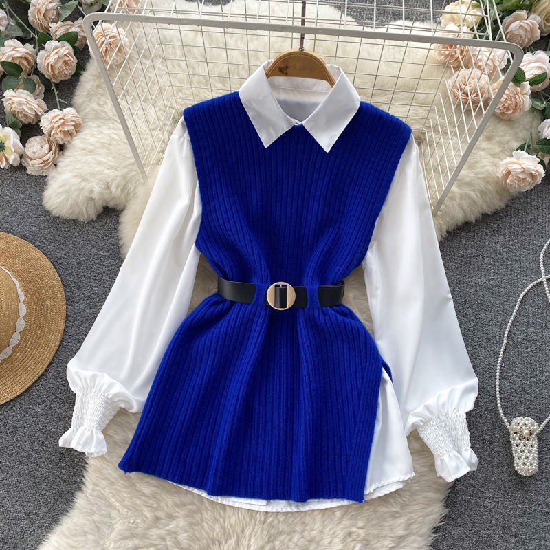 Set de două piese pentru femei, cămașă albă cu mâneci lungi și vestă din tricot despicat_voghion.com