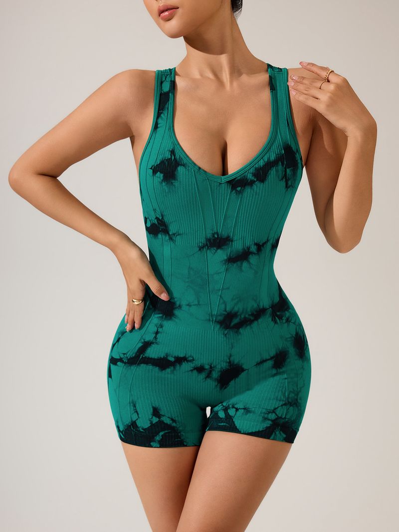 Short en V profond tie-dye printemps-été, combinaison de yoga dos nu croisée pour femme, combinaison de fitness sexy pour le levage des hanches_voghion.com