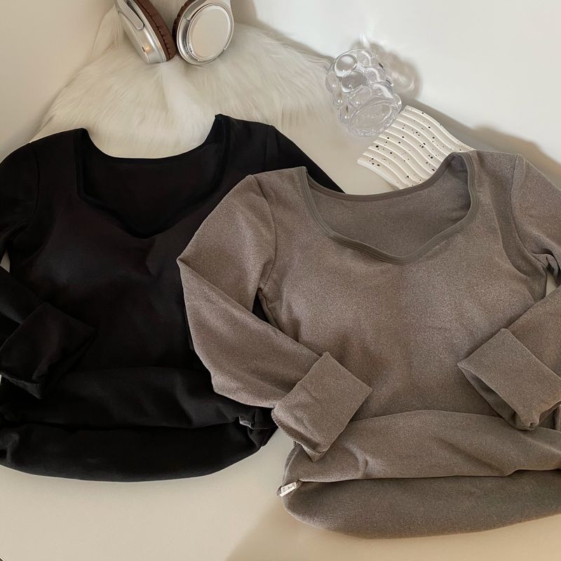 Maglia termica in pile caldo con petto imbottito, scollo a V, vestibilità attillata, manica lunga, strato di base per donna, autunno inverno_voghion.com