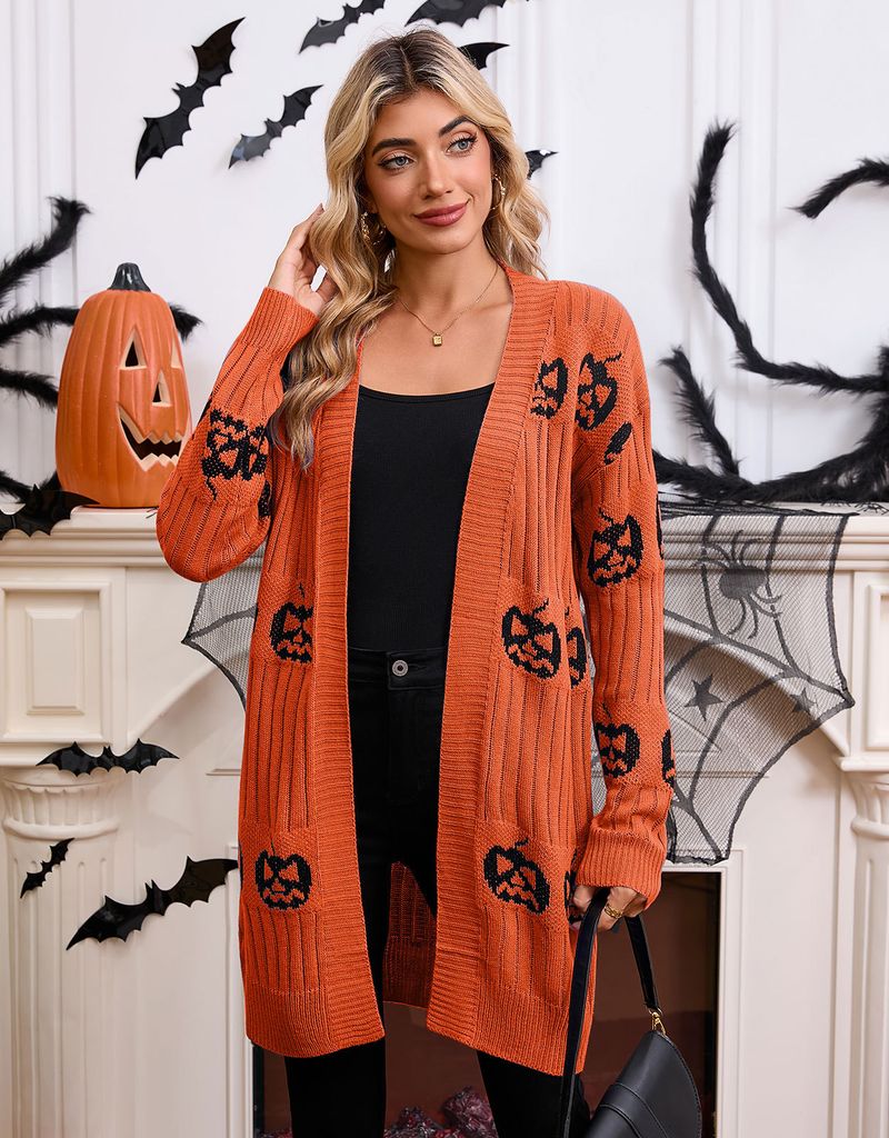 Halloween Pumpkin Jacquard Cardigan Sweater For Women - Acrylic Knit Open Front Coat With V-Neck, Long Sleeve (Black/Orange/Purple)_voghion.com
