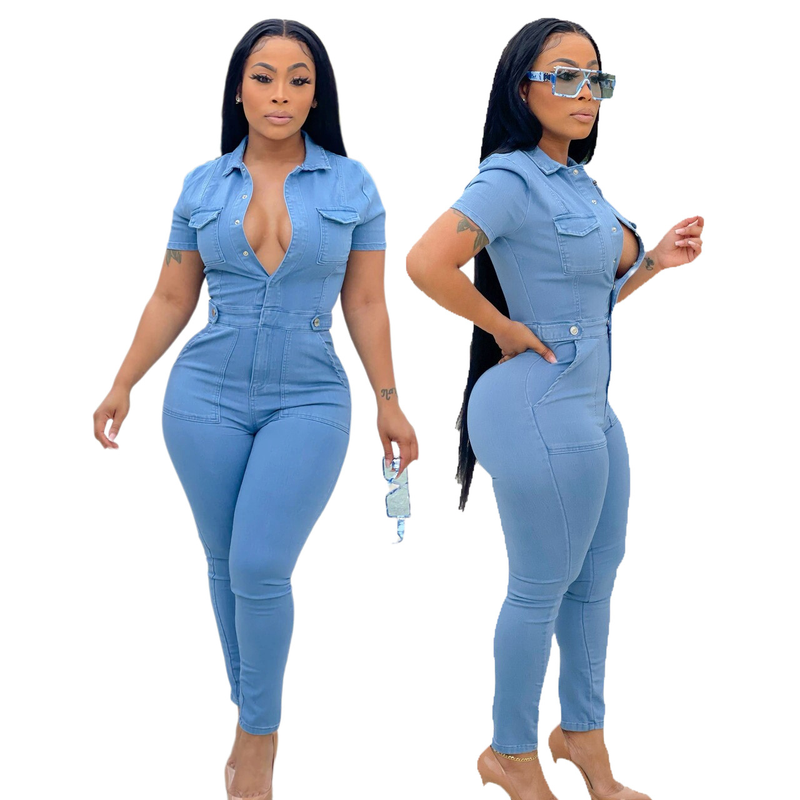 Women's fashion denim slim-fit jumpsuit_voghion.com