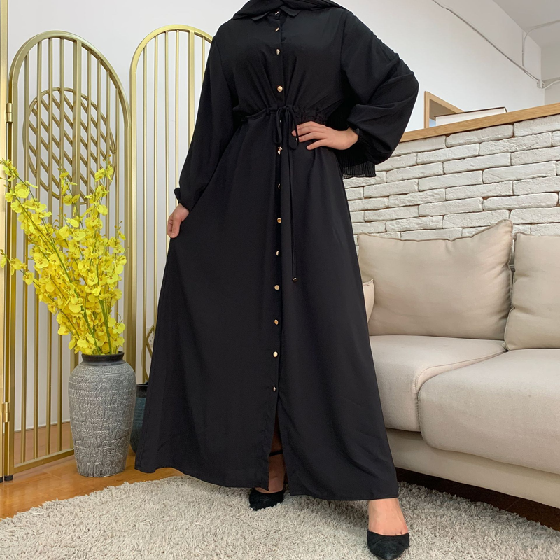 Roupas femininas nova moda muçulmana lapela cor sólida botão completo vestido fino saia longa_voghion.com