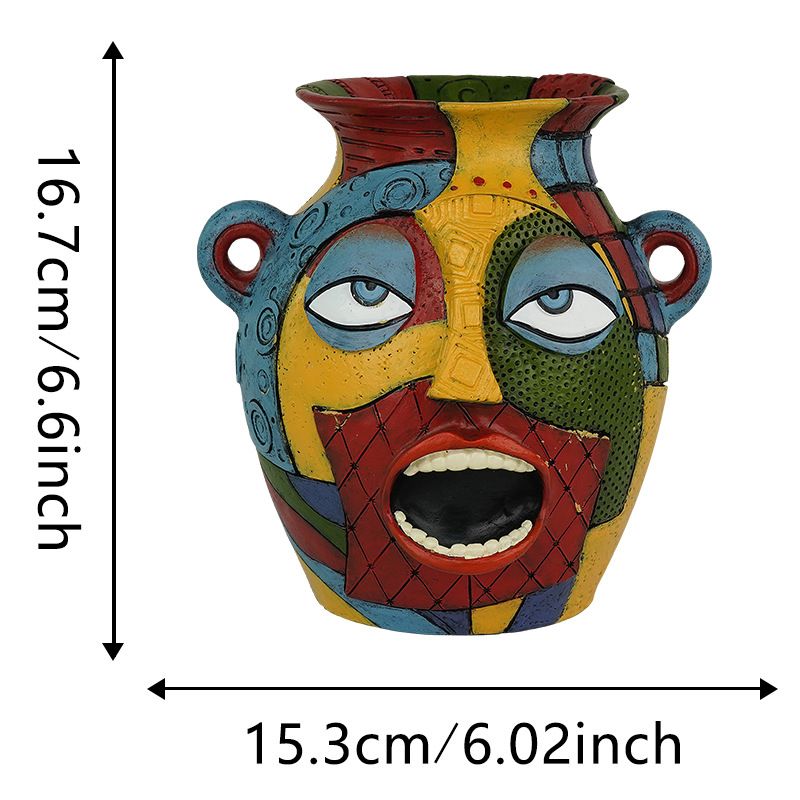 Handgemaltes abstraktes menschliches Gesicht, erschrockener Ausdruck, kreatives Heim-Desktop-Harz-Blumentopf-Container-Ornament_voghion.com