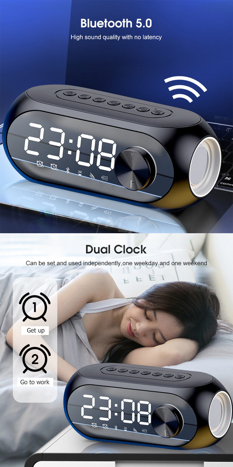2024 Mirror Bluetooth Speaker Alarm Clock Bluetooth Speaker Digital Display Radio LED Wireless Subwoofer Music Player Table Clock Multifunction Bluet_voghion.com