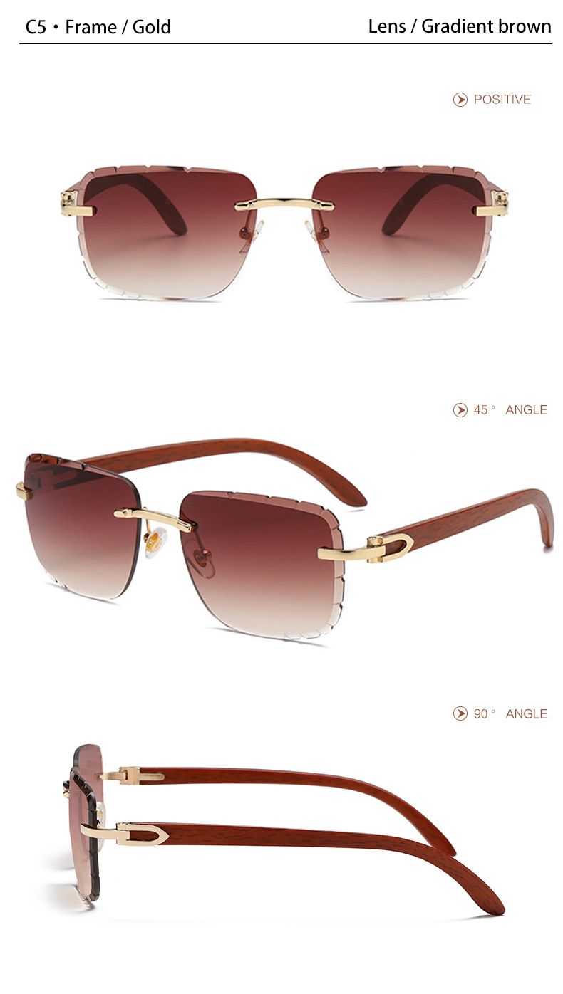 Óculos de Sol Unissex Estilosos e Originais com Hastes de Madeira, Sem Aro, para Mulheres; Óculos de Sol com Armação Quadrada e Borda Recortada Ocean Slice para Homens._voghion.com