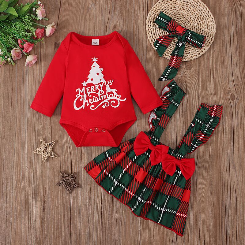 „Weihnachts-Strampler mit Buchstabenprint für Mädchen + rot-kariertes Trägerkleid, 3-teiliges Outfit-Set, süße Festtagskleidung für Kleinkinder und Kinder“_voghion.com