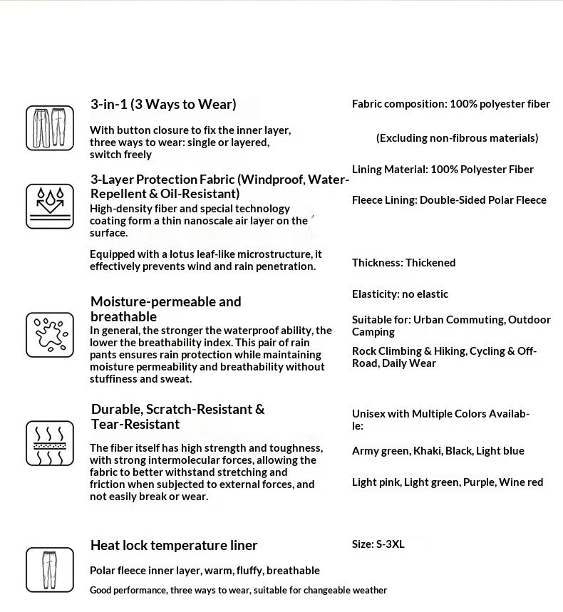 001 Outdoor Hiking Women, Three-in-One Fleece Liner, Detachable Windproof Waterproof Trekking Pants, Warm Pants For Men_voghion.com