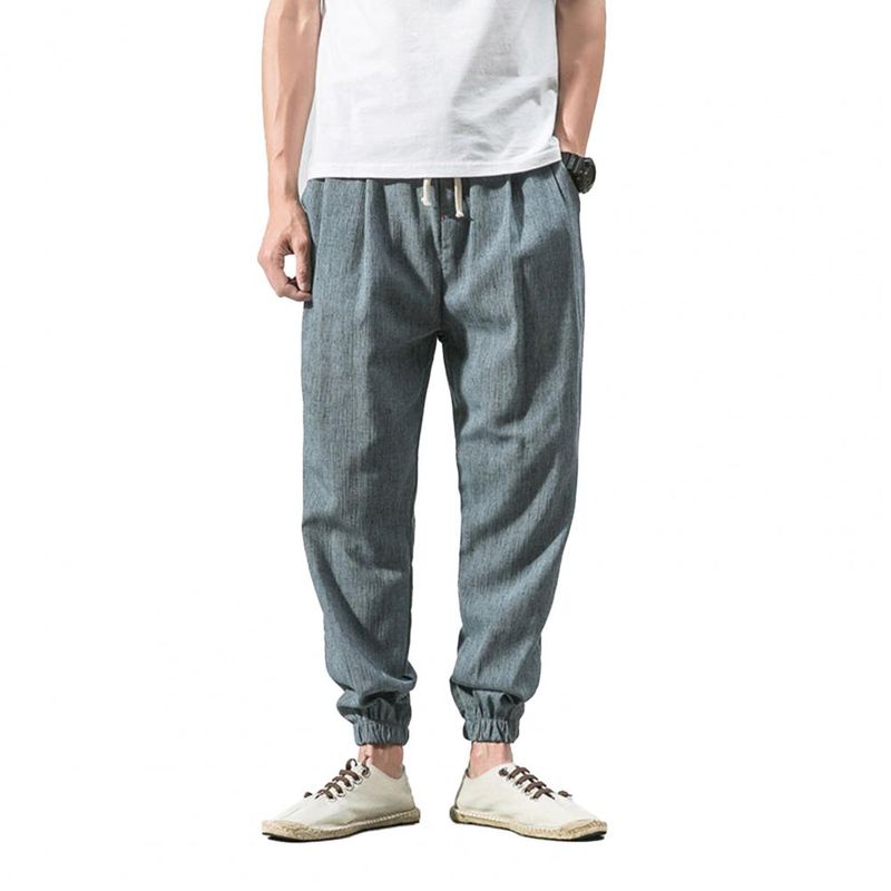 Casual Lightweight Spring Men Joggers Pants Solid Color Drawstring Summer Loose Mid Rise Pockets Trousers for Daily Wear_voghion.com