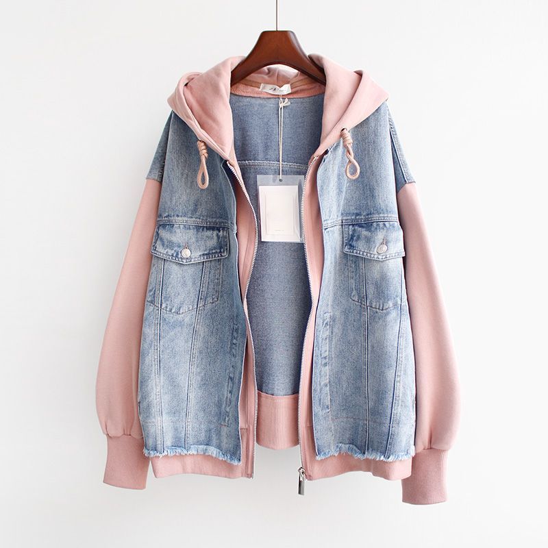 Plus Size Denim Jacket For Women – Oversized Hooded Baseball Style, Comfort Fit (L-4XL, Pink/White)_voghion.com