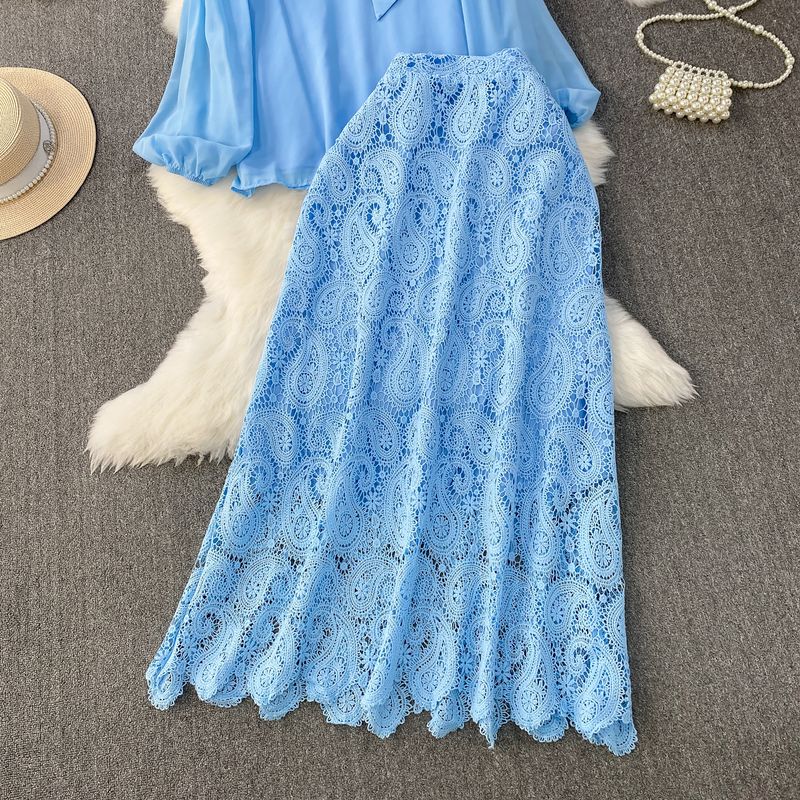Camicia da donna con fiocco, scollo rotondo, maniche a lanterna, top, tuta, gonna a vita alta in pizzo sottile e patchwork_voghion.com