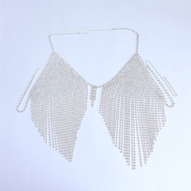 Set di reggiseno bikini con strass e catena per il corpo con frange, gioielli da donna, per feste in discoteca, outfit glamour, catena per il corpo con nappa lucida da discoteca_voghion.com