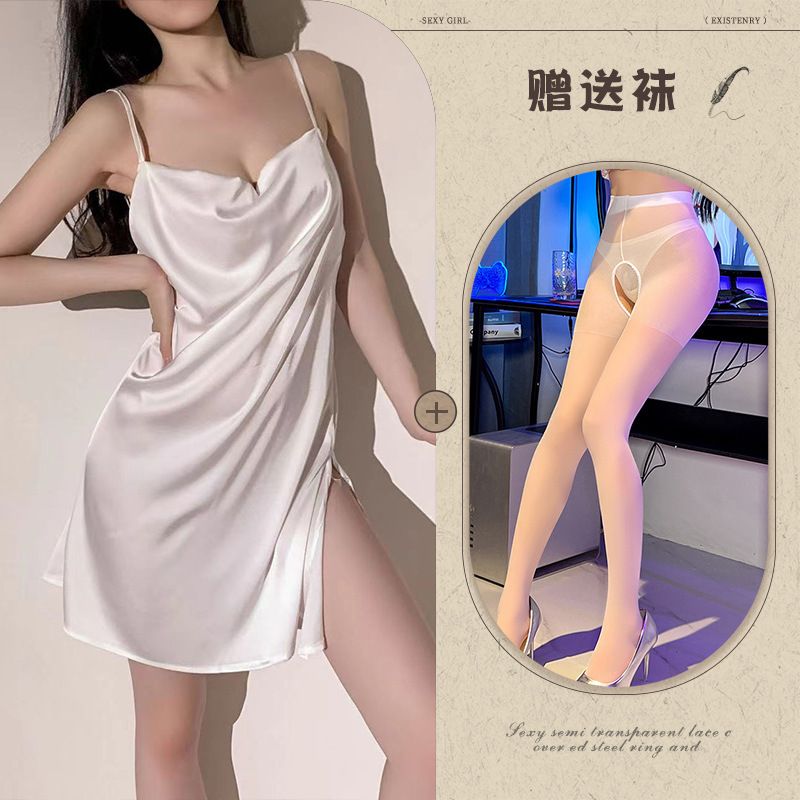 Langpinheng Sexy per donne in pura seta traforata liscia da indossare in casa, lingerie erotica, camicia da notte con spalline calde_voghion.com