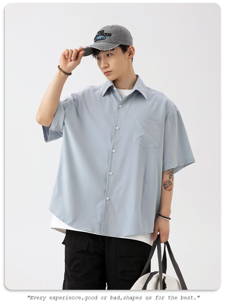 Men's Lightweight Drape Short Sleeve Shirt - Summer Casual Linen-Like Oversized Shirt For Couples (Pink/Black/Blue/Beige)_voghion.com
