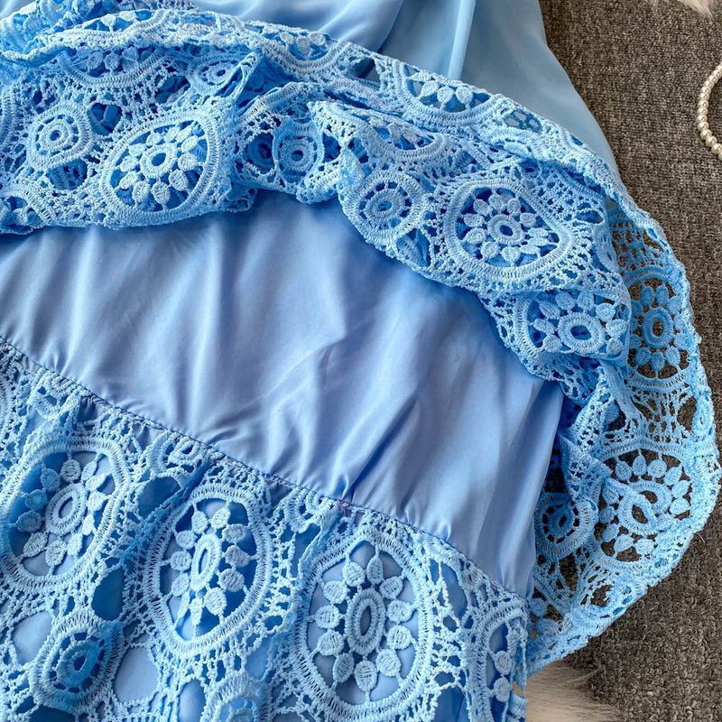 Zachte blauwe getailleerde top met pofmouwen + hoge taille slanke kanten cakerok, tweedelige set_voghion.com
