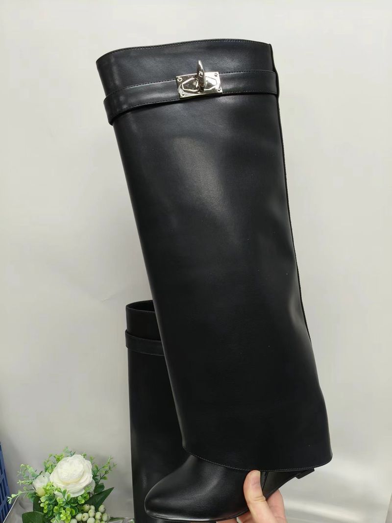 2024 New Round Toe Wide Shaft Straight Shark Buckle Mid-Calf Wedge Heel Boots For Women_voghion.com