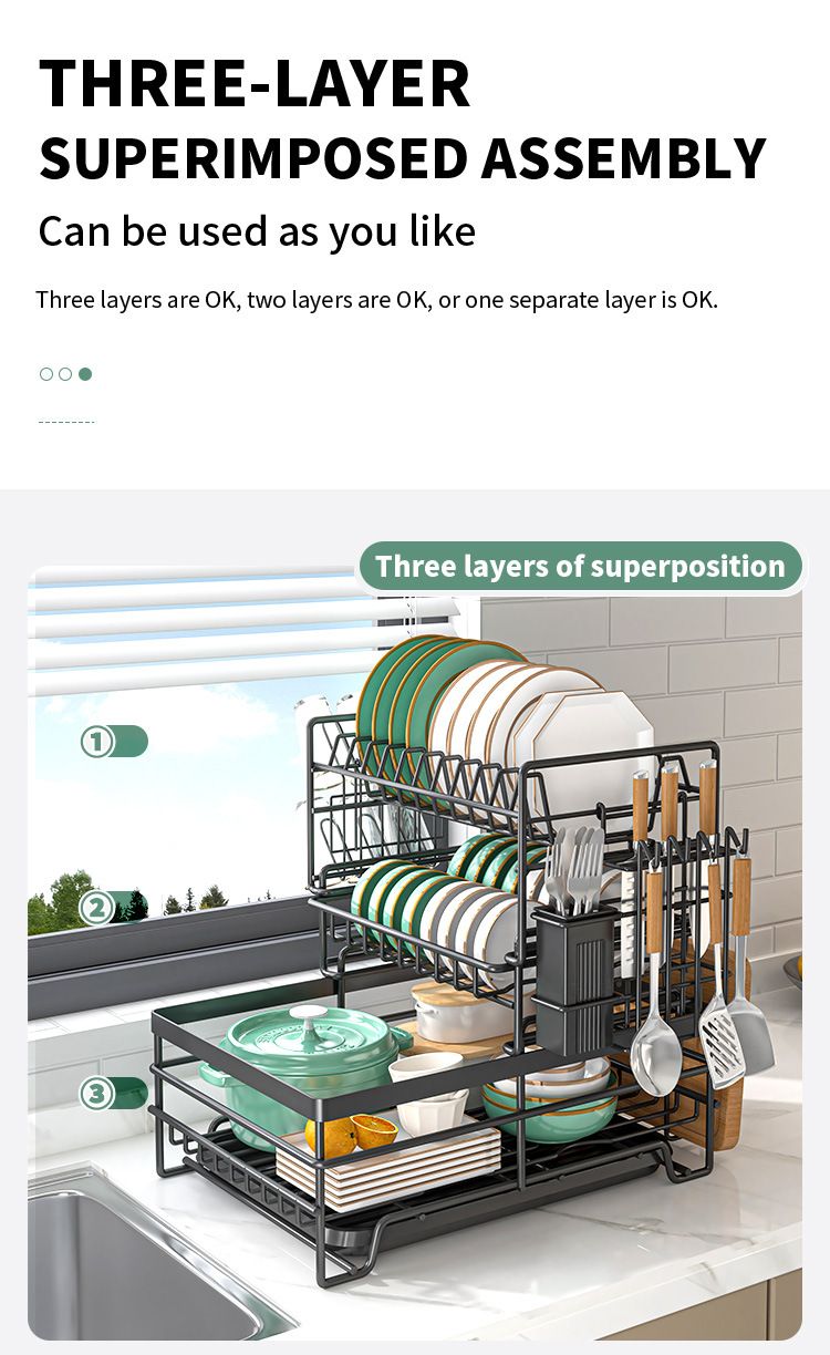 Kitchen Bowl Rack Household Anti-rust Countertop Double-layer Draining Bowl Rack Multifunctional Bowl Storage Rack_voghion.com