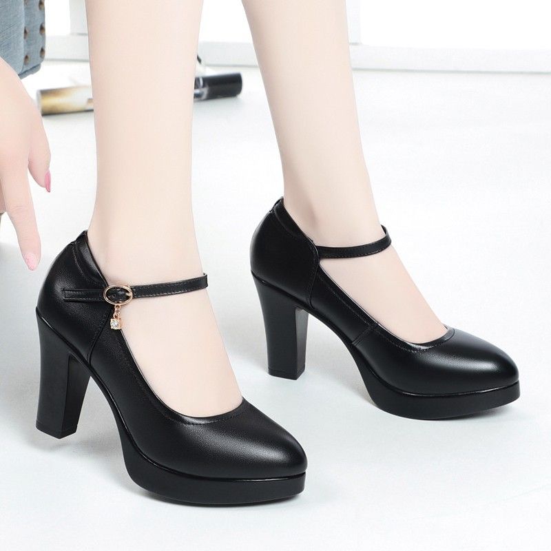 High 2025 Herbst Neue Casual Runde Kopf Dicke Ferse Ein Knopf Professionelle Schwarze Arbeit Damenschuhe_voghion.com