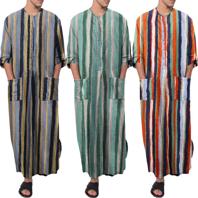 Muslim Robe New Style Men's Loose Door Stripe Long Sleeve Ready-Stock Ethnic Style Bodysuit_voghion.com
