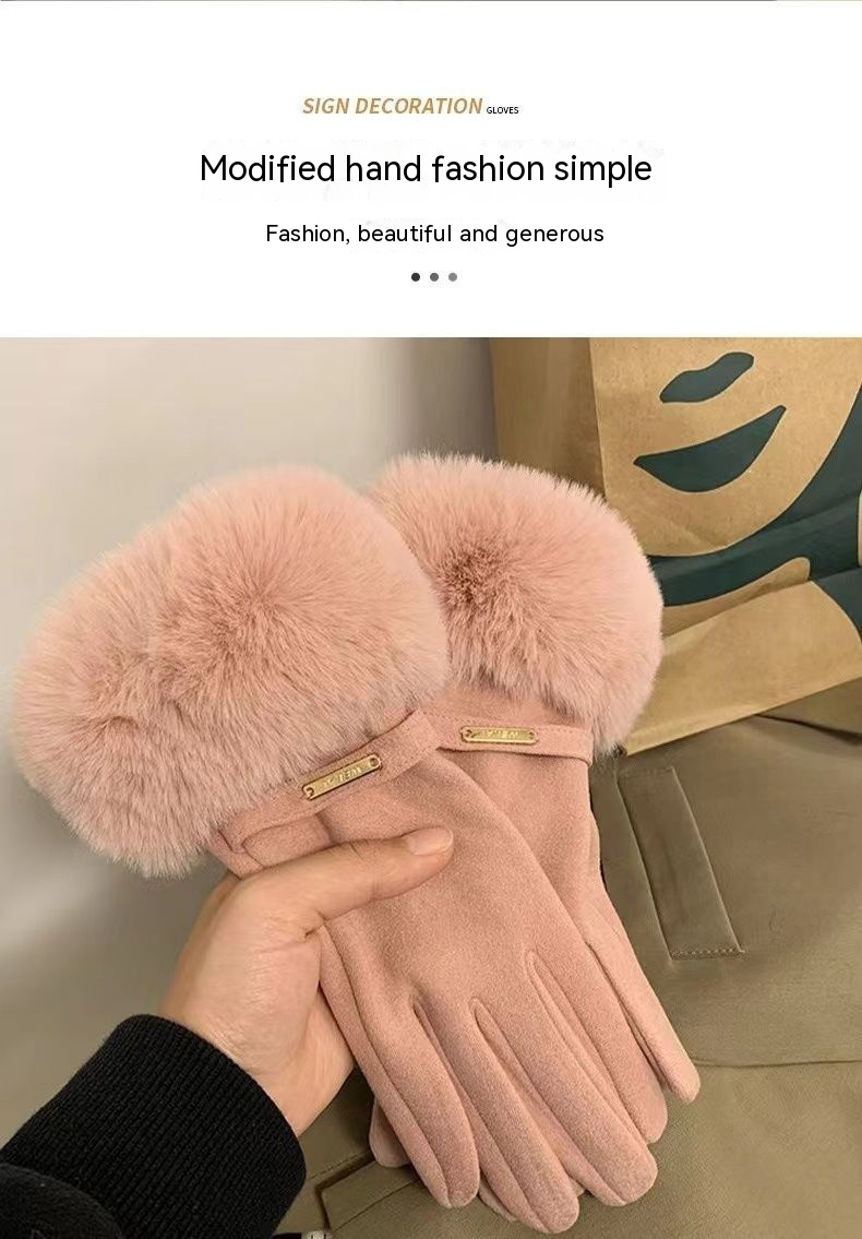 Guanti alla moda con bocca in pelliccia all'aperto in peluche da equitazione con dito, DeRong, calore addensato, dito, schermo tattile_voghion.com