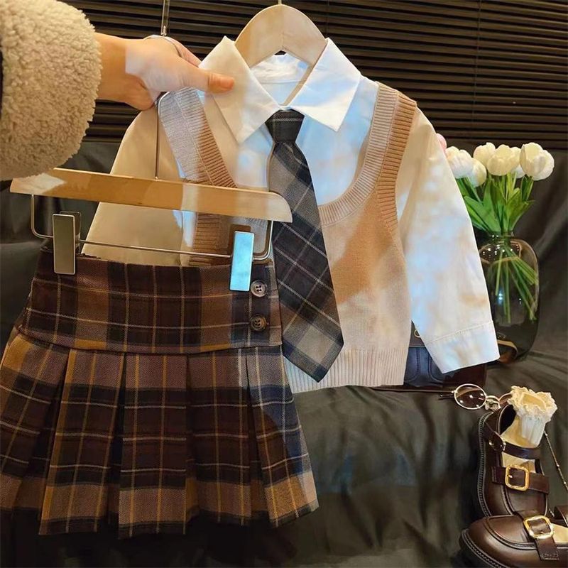Abbigliamento per bambini abbigliamento per bambini ragazze stile college camicia gilet gonna plissettata completo 2024 gonna scozzese completo tre pezzi_voghion.com