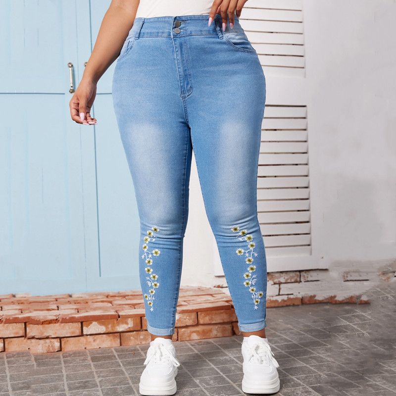 women's large size stretch embroidered small-foot denim trousers_voghion.com