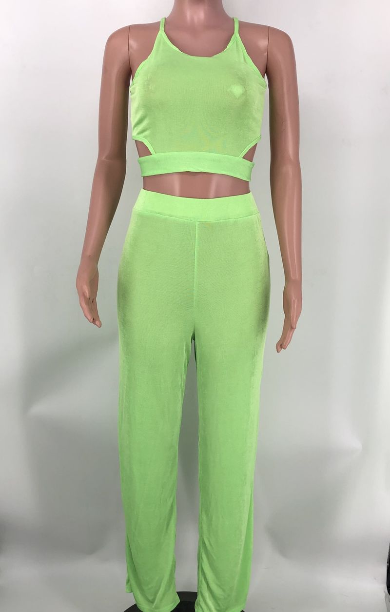 Women's clothing Halter cross strap solid color wide-leg pants two-piece set _voghion.com