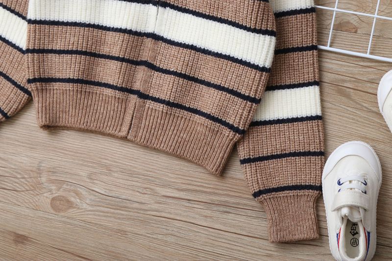 Strickjacke aus Lammwolle für Mutter und Kind, weicher, warmer Strickpullover für große Kinder (ab 8 Jahren), gestreiftes Design, lange Ärmel, Stehkragen (Grau/Marineblau)_voghion.com