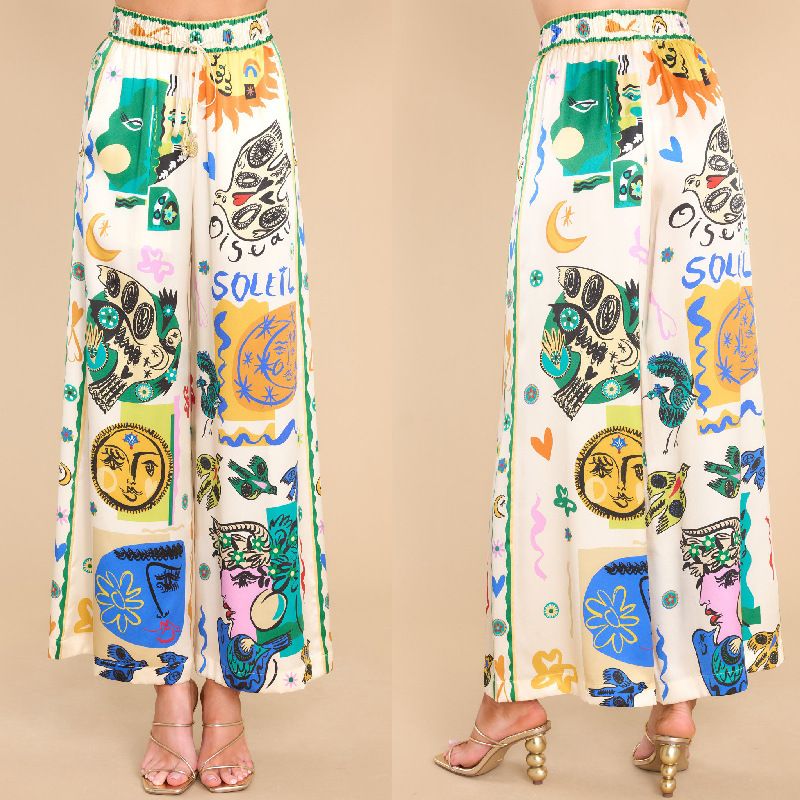 Damer 2024 Sommar Fritidskläder Damer Satin Stretch Frukttryck Graffiti Byxor med vida ben Fritidsbyxor_voghion.com