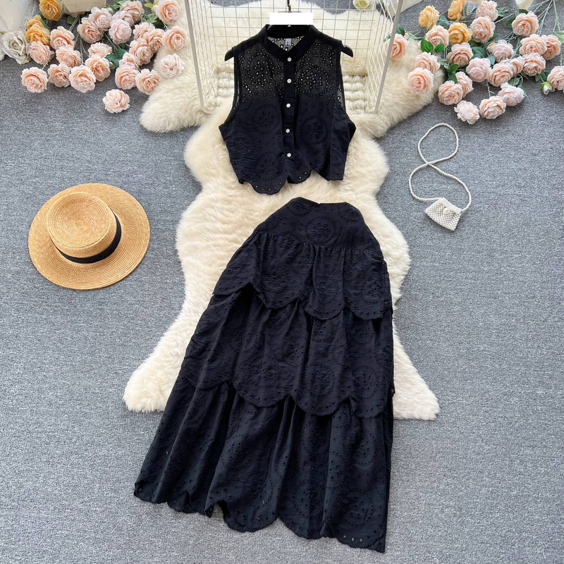 Camisa bordada sin mangas con cortes a la moda para mujer, falda peplum adelgazante de cintura alta_voghion.com