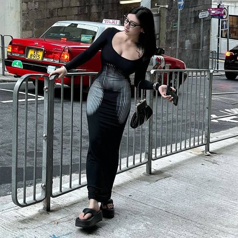 Long Sleeve Square Collar Dresses Women Clothingg Black Printing Tunic Robe Femme Fashion Temperament Bodycon Maxi Dress_voghion.com