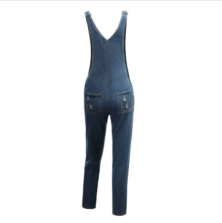 Dametøj vasket slim stretch frynsede denim overails jeans _voghion.com