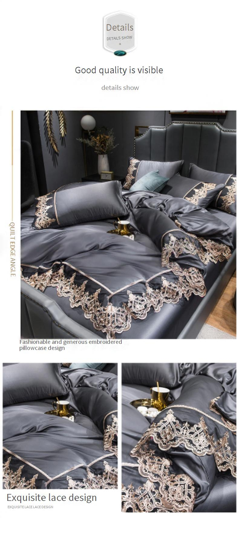 Beddengoedset van zuiver gekleurde zijde - gewassen zijde met geborduurde kantafwerking, 4-delige set, inclusief hoeslaken, luxe hotelkwaliteit_voghion.com