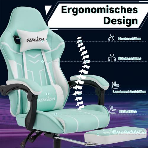 Sedia da gioco, schienale alto ergonomico con poggiapiedi, girevole a 360°, reclinazione regolabile, in similpelle, verde menta/giallo/nero, per gioco/ufficio/casa_voghion.com