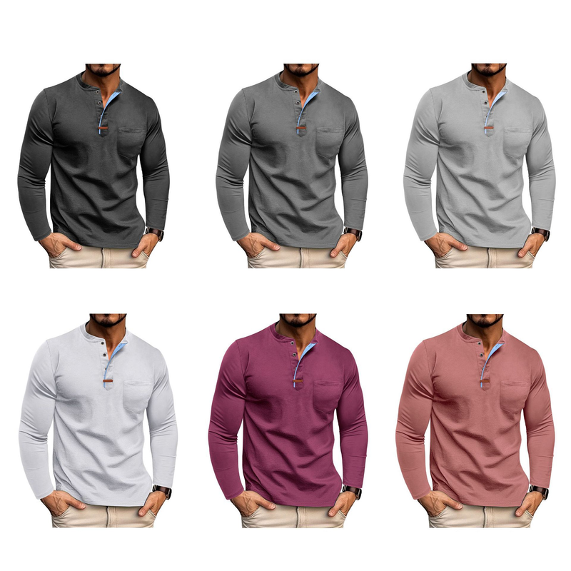 Men's Long Sleeve Henley T-Shirt - Breathable Cotton Blend, Casual Crew Neck Tee With Color Block Design For Everyday Wear_voghion.com